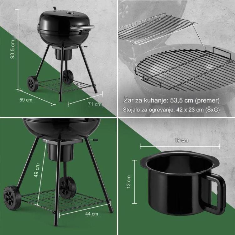 VonHaus Kettle BBQ z dodatno ogrevalno rešetko, porcelanasto prevlečeno jekleno rešetko za peko in odstranljivo posodo za pepel zagotavlja učinkovito peko, enostavno čiščenje ter dolgotrajno uporabo.