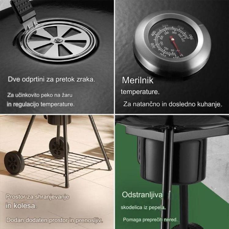  Vgrajen merilnik temperature in nastavljive odprtine za dovod zraka na žaru VonHaus Kettle BBQ omogočajo natančen nadzor toplote za enakomerno in učinkovito peko na oglju.