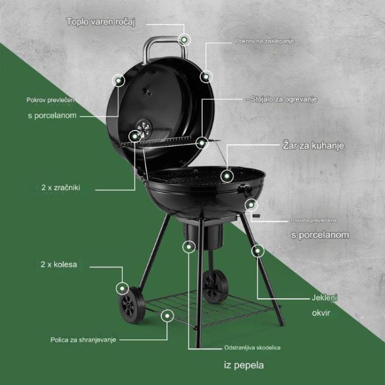 VonHaus Kettle BBQ z odstranljivo posodo za pepel, spodnjo odlagalno polico in robustnima kolesoma zagotavlja enostavno čiščenje, priročno shranjevanje ter preprosto premikanje po vrtu ali terasi.