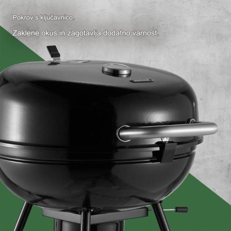 Žar na oglje VonHaus Kettle BBQ s porcelanasto prevlečenim kuriščem, dodatno ogrevalno rešetko in varnostnim zaklepom pokrova združuje vzdržljivost, praktičnost in odlično uporabniško izkušnjo pri pripravi hrane na prostem.
