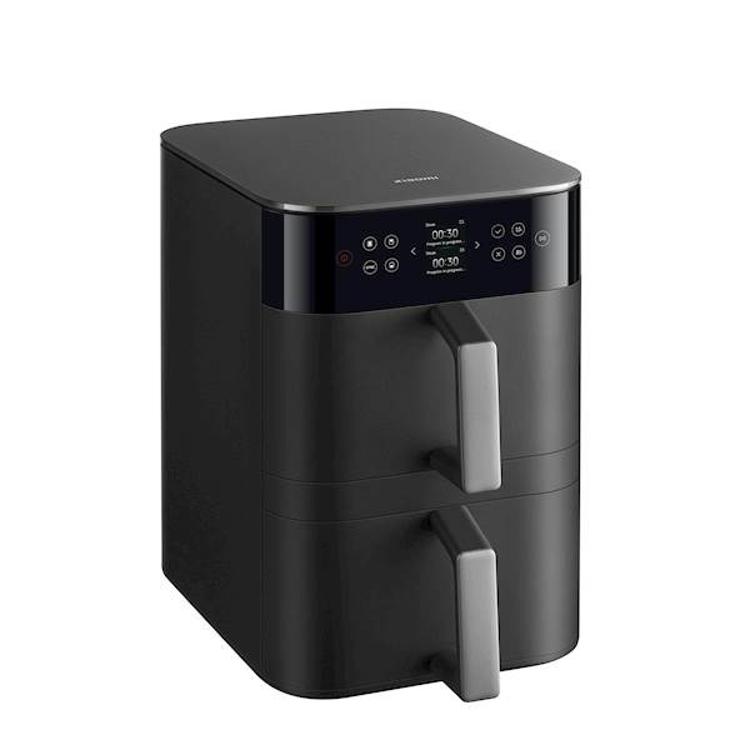 Xiaomi Smart Double Stack Air Fryer 12 L v črni barvi, diagonalen pogled z dvema ročajema in zaslonom na dotik.
