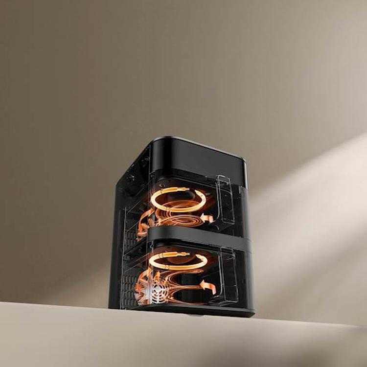 Prerez delovanja Xiaomi dvojnega cvrtnika na vroč zrak, prikaz kroženja vročega zraka v obeh predalih.