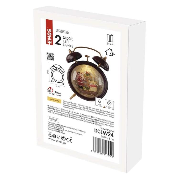 Dekoracija božično snežna budilka LED, 19 cm, 3x AA, notranja, topla bela