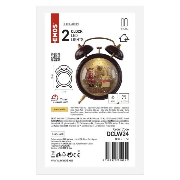 Dekoracija božično snežna budilka LED, 19 cm, 3x AA, notranja, topla bela