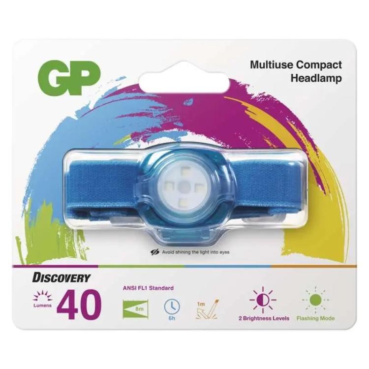 Naglavna LED svetilka GP CH31, 40 lm, 8m, 2× CR2025, modra