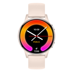 Forever iGO Watch 4 pametna ura v svetlo rožnati barvi, prikazana s sprednje strani z okroglim AMOLED zaslonom in silikonskim paščkom.