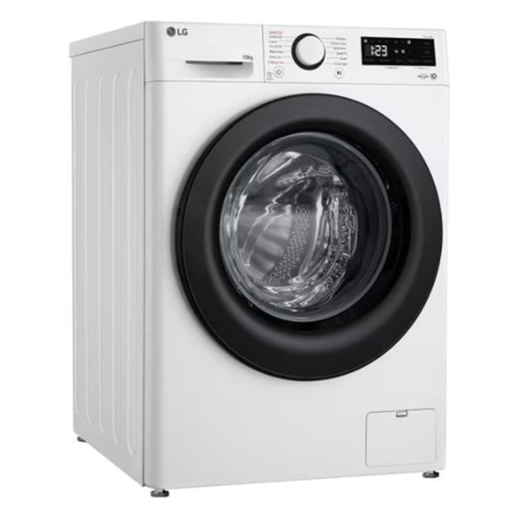 LG pralni stroj F4WR510SBW v beli barvi z zmogljivostjo 10 kg, velikimi črnimi vrati, digitalnim zaslonom in vrtljivim gumbom za izbiro programov pranja.