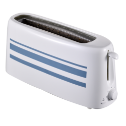 Opekač kruha z dvema režama, bel z modrimi črtami in stranskim gumbom za nastavitev