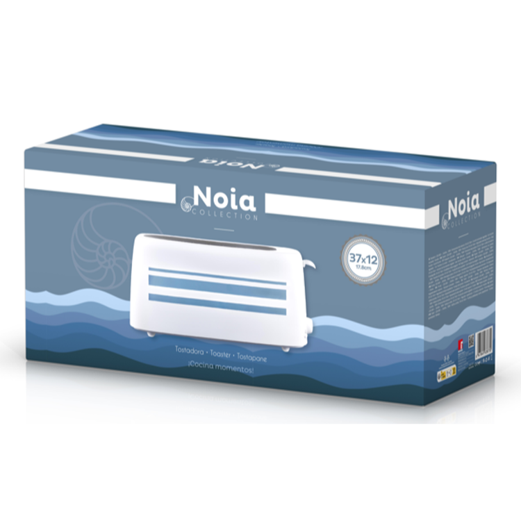 Embalaža opekača kruha z ilustracijo izdelka in oznakami dimenzij