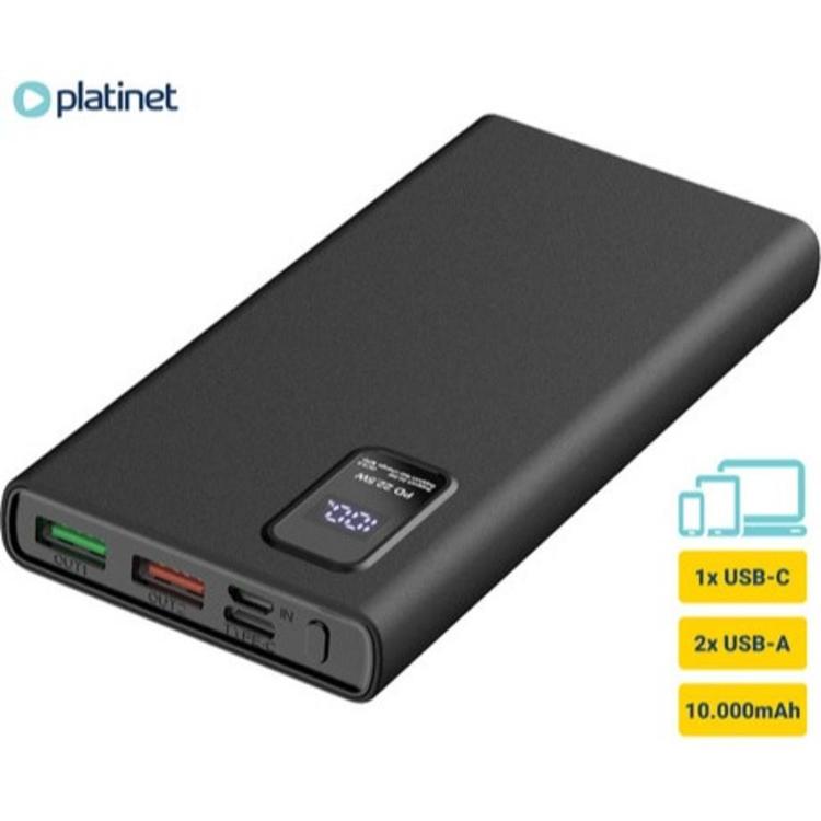 Polnilna baterija Platinet PMPB10WQC726B s priključki 2× USB-A, USB-C in kapaciteto 10.000 mAh.