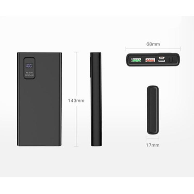 Polnilna baterija Platinet PMPB10WQC726B z merami 143 × 68 × 17 mm ter priključki USB-A, USB-C in microUSB.