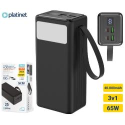 Polnilna baterija Platinet PMPB4065, 65W, 40.000mAh, izdelek z embalažo in poudarjenimi specifikacijami.