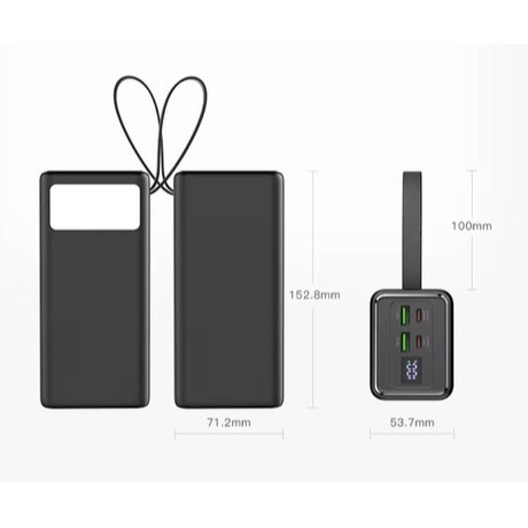 Polnilna baterija Platinet PMPB4065, 65W, 40.000mAh, prikaz dimenzij z vseh strani ter zaslonom in priključki.