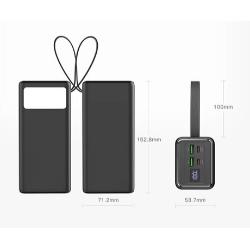 Polnilna baterija Platinet PMPB4065, 65W, 40.000mAh, prikaz dimenzij z vseh strani ter zaslonom in priključki.
