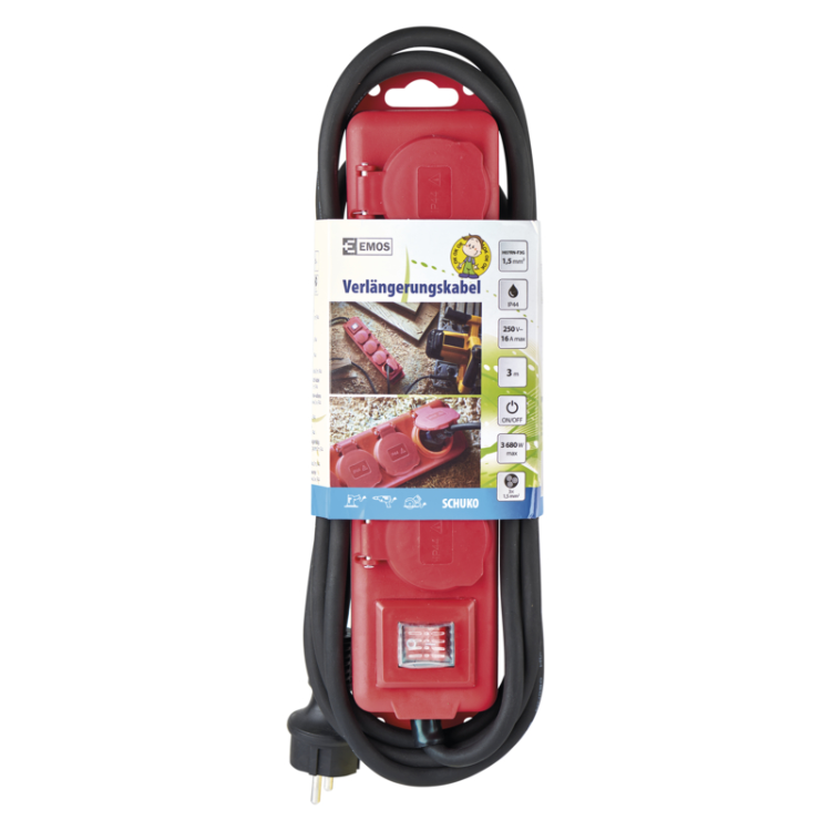 Podaljšek Emos 3 m / 4 vtičnice / s stikalom / črno-rdeči / guma-neopren / 1,5 mm2