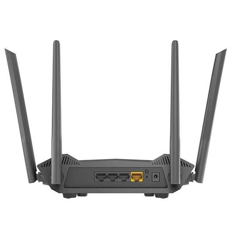 Zadnja stran D‑Link DIR‑X1530 usmerjevalnika z Ethernet priključki, WAN vhodom in napajalnim priključkom.