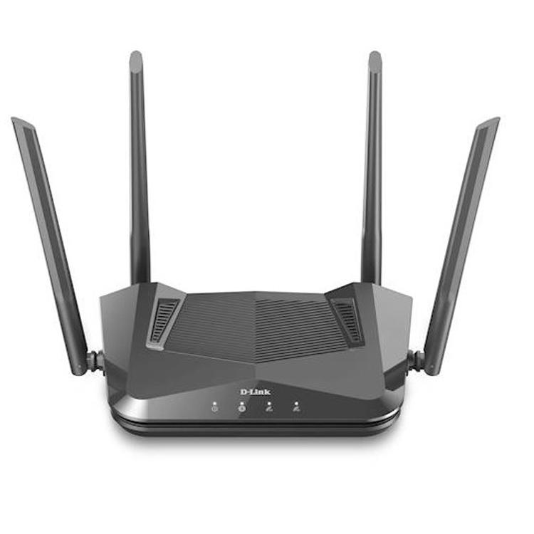 Sprednji pogled na D‑Link DIR‑X1530 Wi‑Fi 6 usmerjevalnik s štirimi antenami in LED indikatorji stanja.