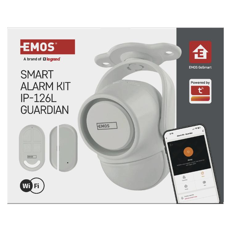 Embalaža EMOS GoSmart Smart Alarm Kit IP‑126L Guardian z glavno enoto, senzorji in mobilno aplikacijo.