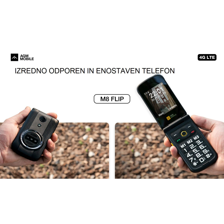 AGM Mobile M8 Flip je trpežen 4G telefon z enostavnim upravljanjem na zunanjem in notranjem zaslonu