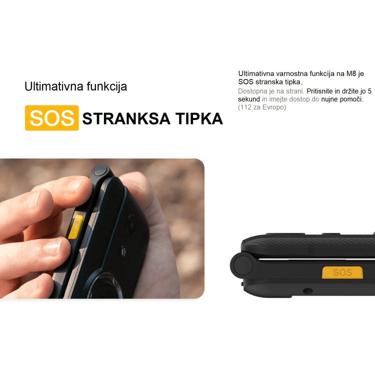 AGM Mobile M8 ima stransko SOS tipko za hitro pomoč z držanjem 5 sekund