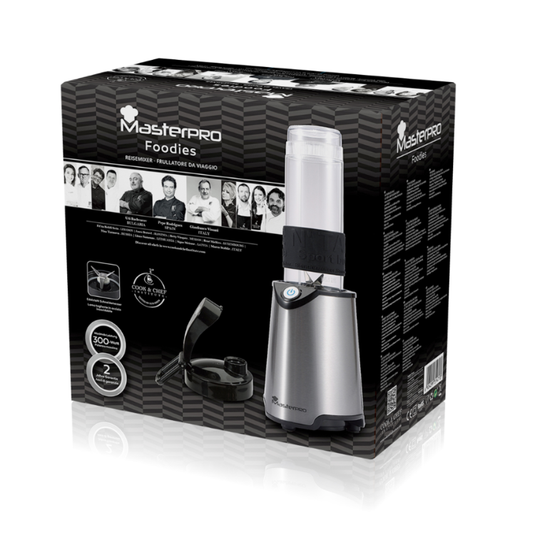 Potovalni mešalnik Masterpro Foodies 300 W z mešalno posodo, rezili in odstranljivim pokrovom na belem ozadju.
