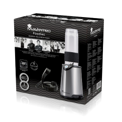 Potovalni mešalnik Masterpro Foodies 300 W z mešalno posodo, rezili in odstranljivim pokrovom na belem ozadju.