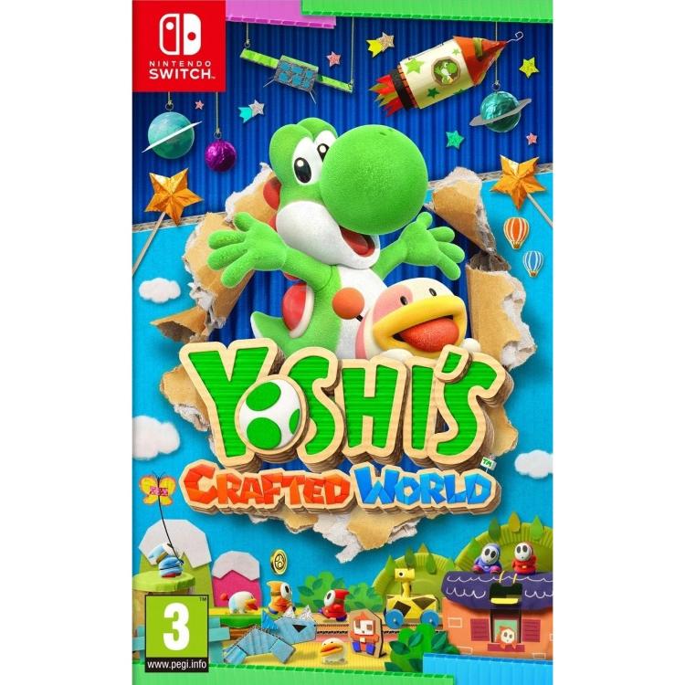 Copilot said: Yoshi's Crafted World za Nintendo Switch, uradna naslovnica z Yoshijem v ročno izdelanem kartonastem svetu, barvite stopnje, PEGI 3.