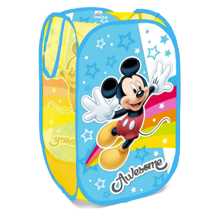 POP UP košara za igrače z motivom Mickey Mouse, prikazana zložena v pokončni obliki z mrežastimi stranicami in pisanim Disneyjevim potiskom.