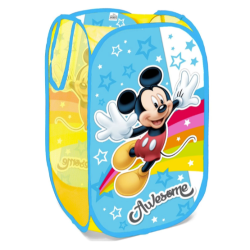 POP UP košara za igrače z motivom Mickey Mouse, prikazana zložena v pokončni obliki z mrežastimi stranicami in pisanim Disneyjevim potiskom.