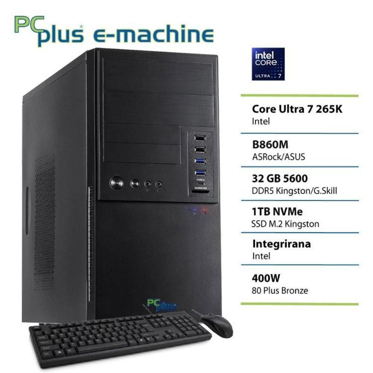 Namizni računalnik PC Plus e-machine v črnem ohišju s tipkovnico in miško, opremljen s procesorjem Intel Core Ultra 7 265K, 32 GB pomnilnika in 1 TB SSD. Pošljite povratne informacije o storitvi BizChat
