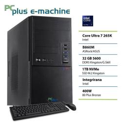 Namizni računalnik PC Plus e-machine v črnem ohišju s tipkovnico in miško, opremljen s procesorjem Intel Core Ultra 7 265K, 32 GB pomnilnika in 1 TB SSD. Pošljite povratne informacije o storitvi BizChat