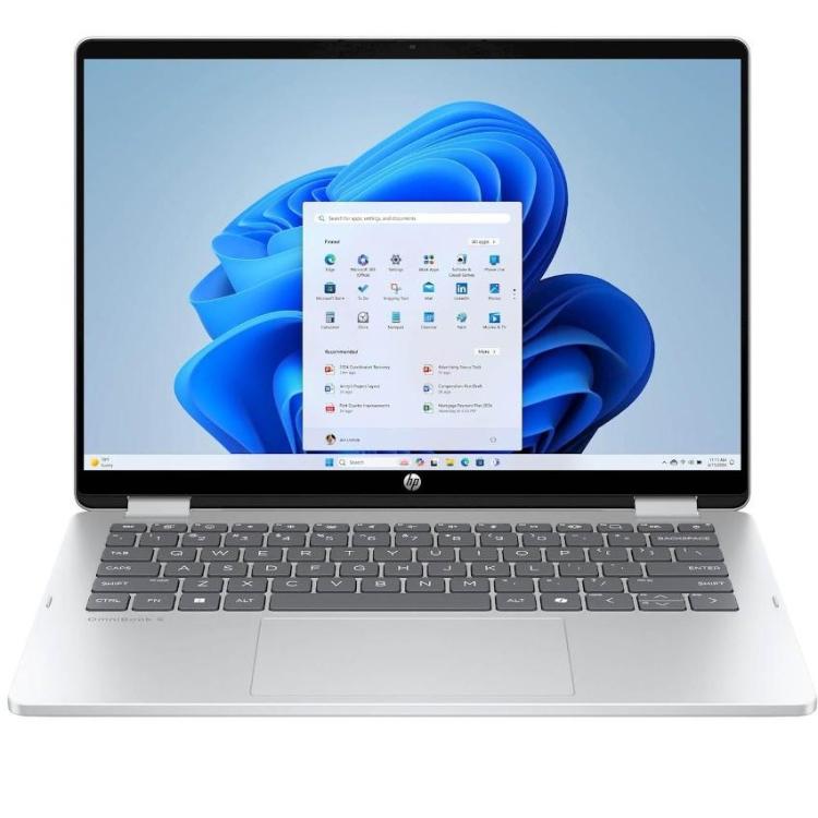HP OmniBook 5 Flip 14 z zaslonom na dotik, prikazan v klasičnem prenosniškem načinu z operacijskim sistemom Windows 11 in tankimi robovi zaslona.