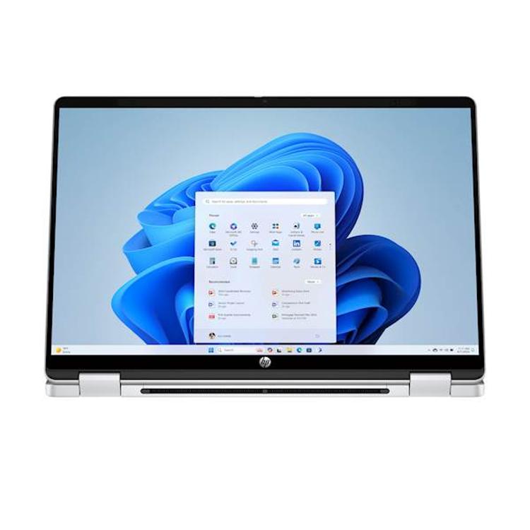 HP OmniBook 5 Flip 14 z zaslonom na dotik, prikazan v odprtem prenosniškem načinu z operacijskim sistemom Windows 11.