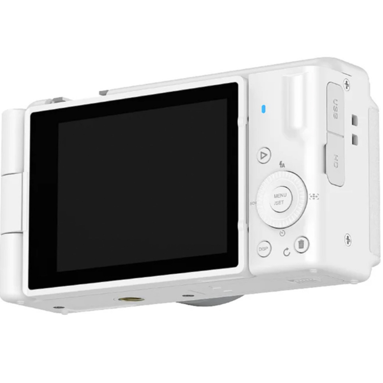 SJCAM ZV200 digitalni fotoaparat v beli barvi, prikazan z vrtljivim 2,8-palčnim zaslonom za lažje fotografiranje in snemanje iz različnih kotov.