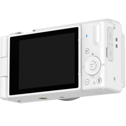 SJCAM ZV200 digitalni fotoaparat v beli barvi, prikazan z vrtljivim 2,8-palčnim zaslonom za lažje fotografiranje in snemanje iz različnih kotov.