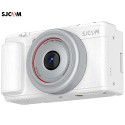 SJCAM ZV200 digitalni fotoaparat v beli barvi, prikazan s sprednje strani z velikim objektivom, 5-osno stabilizacijo slike in kompaktnim ohišjem.