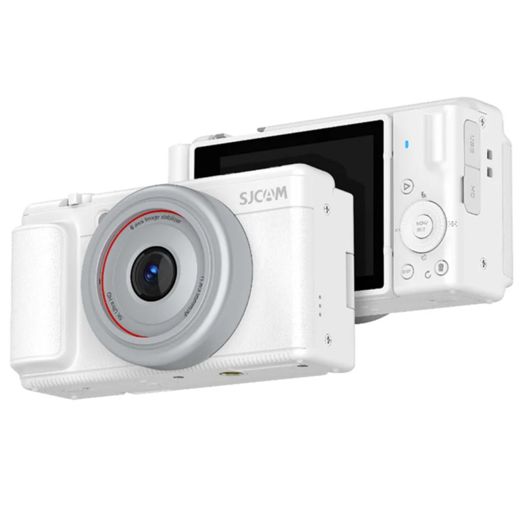 SJCAM ZV200 digitalni fotoaparat v beli barvi, prikazan odprt z objektivom na sprednji strani in zaslonom za predogled posnetkov.