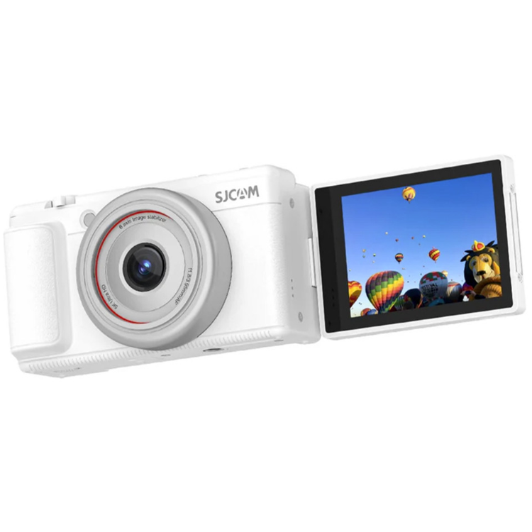 SJCAM ZV200 digitalni fotoaparat v beli barvi, prikazan z različnih zornih kotov z vrtljivim zaslonom, objektivom in upravljalnimi gumbi.