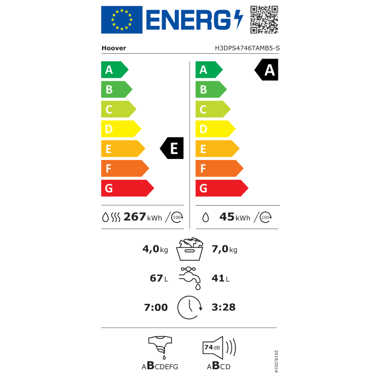 Energijska nalepka za pralno‑sušilni stroj Hoover H3DPS4746TAMB5‑S z energijskim razredom E za pranje in sušenje ter A za pranje, porabo 267 kWh in 45 kWh na 100 ciklov, zmogljivostjo 4 kg (pranje in sušenje) oziroma 7 kg (pranje), porabo vode 67 L in 41 L ter glasnostjo 74 dB pri ožemanju.