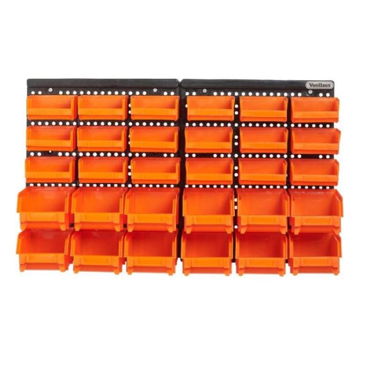 Stenski organizator z 30 odstranljivimi predali različnih velikosti omogoča pregledno shranjevanje vijakov, matic, pritrdilnega materiala in drugih drobnih delov.