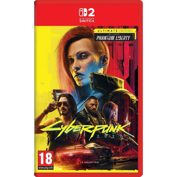 Cyberpunk 2077 Ultimate Edition za Nintendo Switch 2, uradna naslovnica z V, Phantom Liberty razširitvijo in futurističnim Night Cityjem.