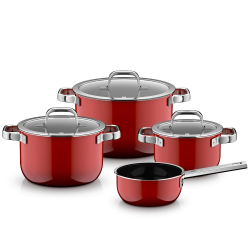 WMF Fusiontec set rdeče posode (lonci in kozica) z inox ročaji in steklenimi pokrovi