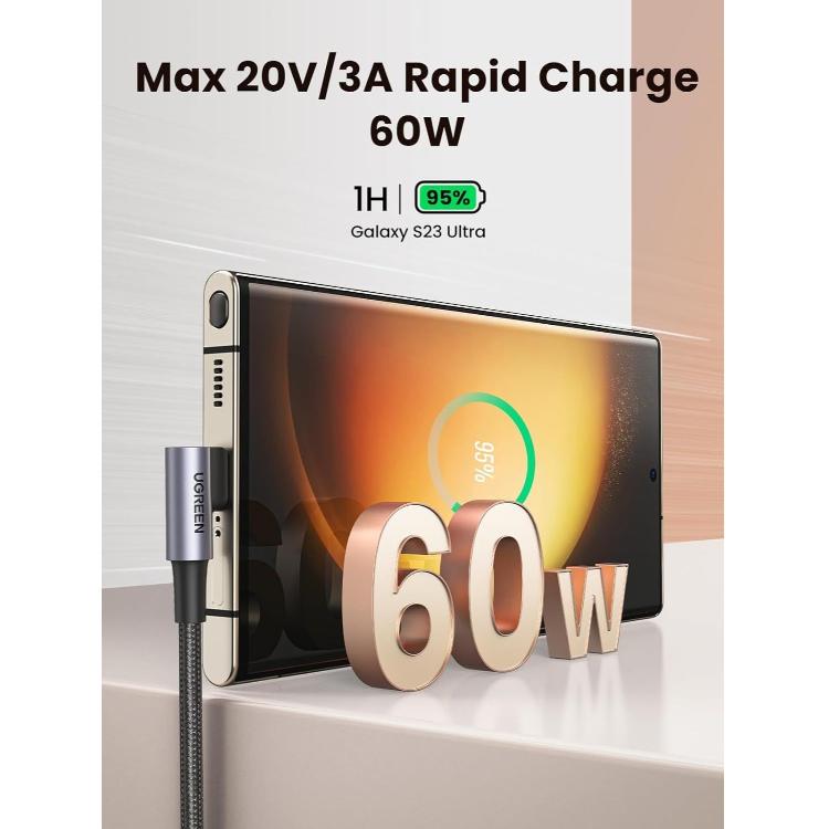 Kotni USB-C kabel podpira hitro polnjenje z močjo do 60 W za učinkovito napajanje naprav.
