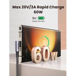 Kotni USB-C kabel podpira hitro polnjenje z močjo do 60 W za učinkovito napajanje naprav.