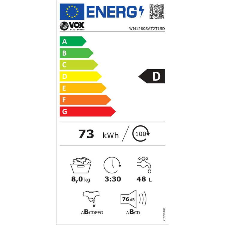 Pralni stroj VOX WM 1280-SAT2T15D, D, 8 kg, 1200 o/min, ST, SteamAssist