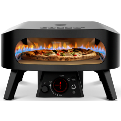 Plinska pizza pečica Cozze 90434 med peko pice z vidnim plamenom, vrtljivim kamnom in digitalnim prikazom temperature.