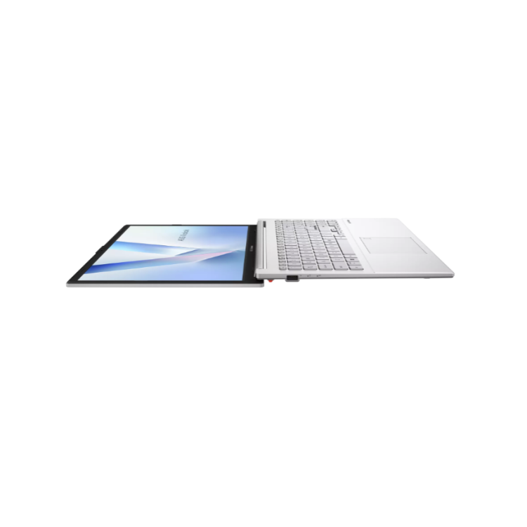Prenosnik ASUS Vivobook v odprtem položaju s tankim profilom, prikazan s stranske perspektive.