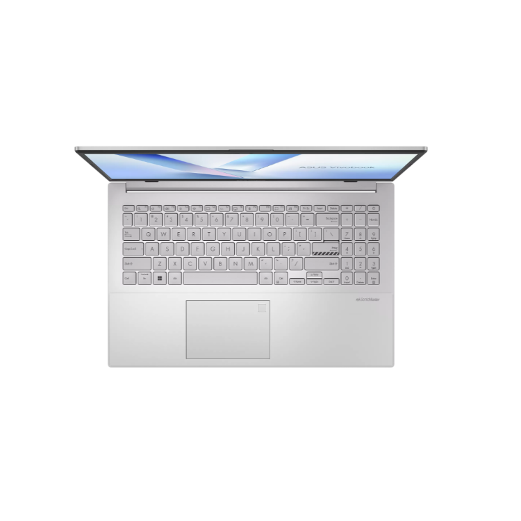 Prenosnik ASUS Vivobook, prikazan od zgoraj z osvetljenim zaslonom, tipkovnico in sledilno ploščico.