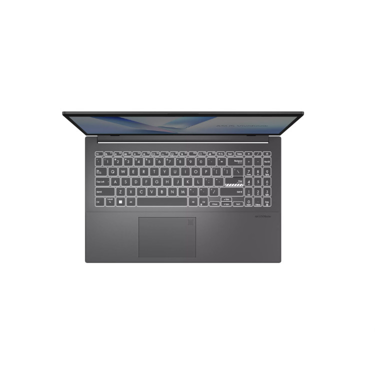 Prenosnik ASUS Vivobook v temno sivi barvi, prikazan od zgoraj z odprtim zaslonom, tipkovnico in sledilno ploščico.