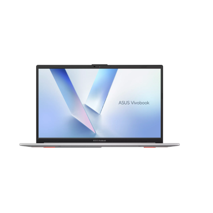 Prenosnik ASUS Vivobook s srebrnim ohišjem in odprtim zaslonom, prikazan s sprednje strani.